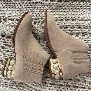 Jeffrey Campbell suede booties. Two inches pearl embellished heels.